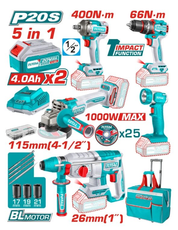 KIT COMBO 5 HERRAMIENTAS 20V BRUSHLESS TOTAL TCKLI20592-4